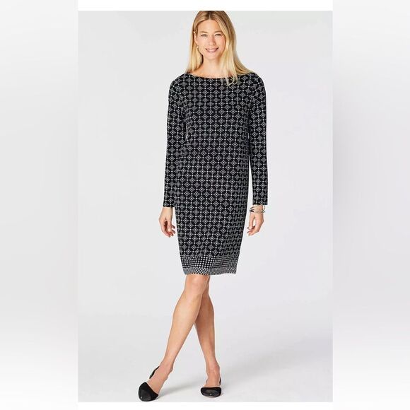 J. Jill Wearever Collection Long Sleeve Dress in Black Blue White Print Size M - Picture 1 of 8